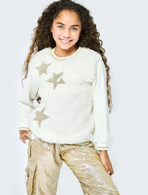 Ivory Faux Shearling Tunic w/Metallic Stars