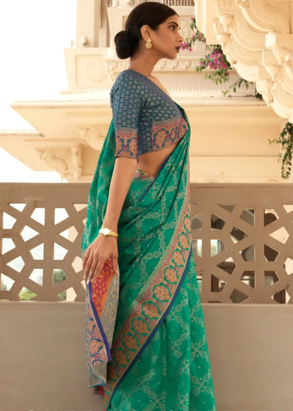 Jade Green Woven Soft Banarasi Silk Saree with Contrast Pallu & Blouse