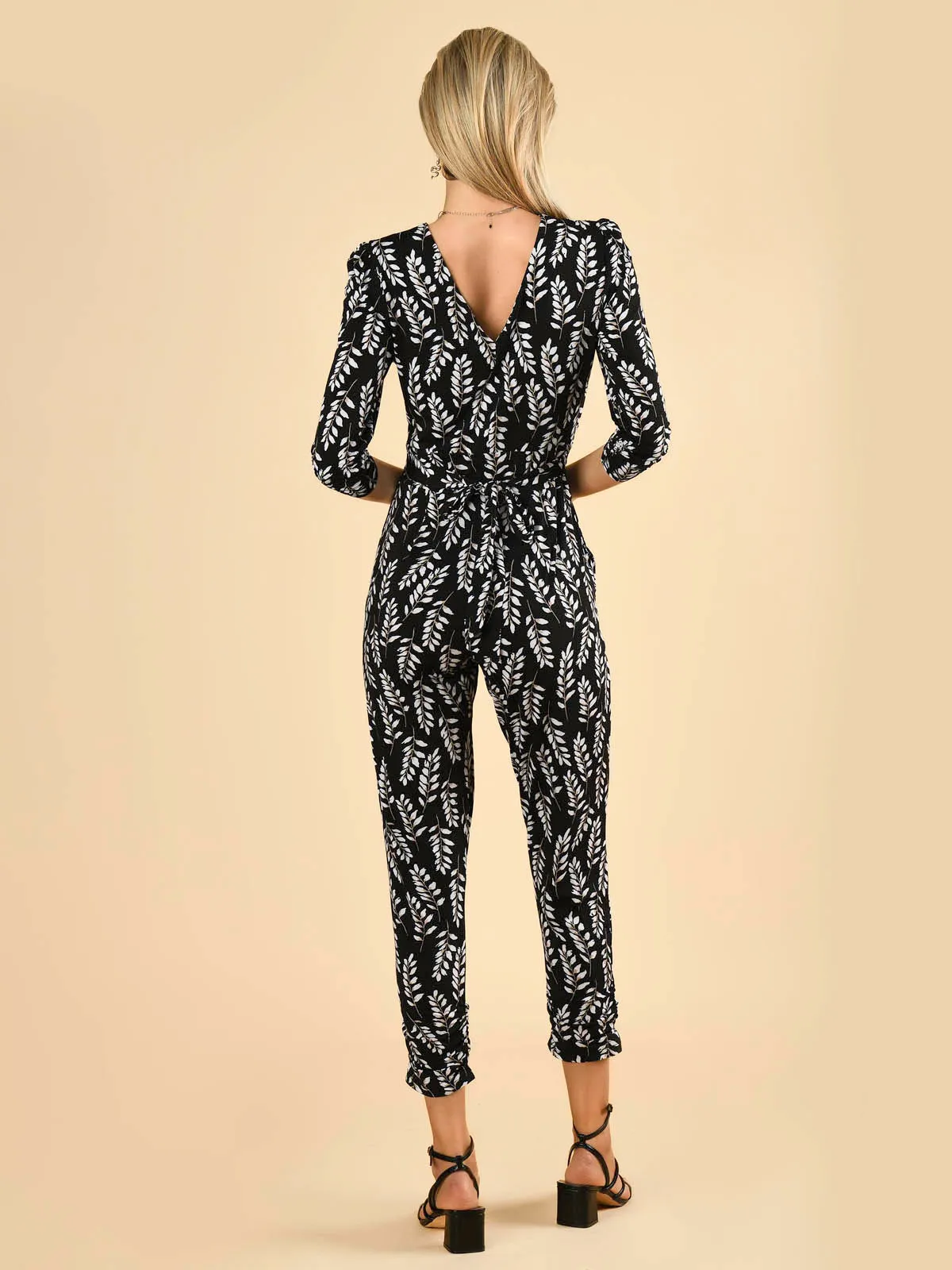 Jolie Moi Cheryl Leaf Print Jersey Jumpsuit, Black Leafy