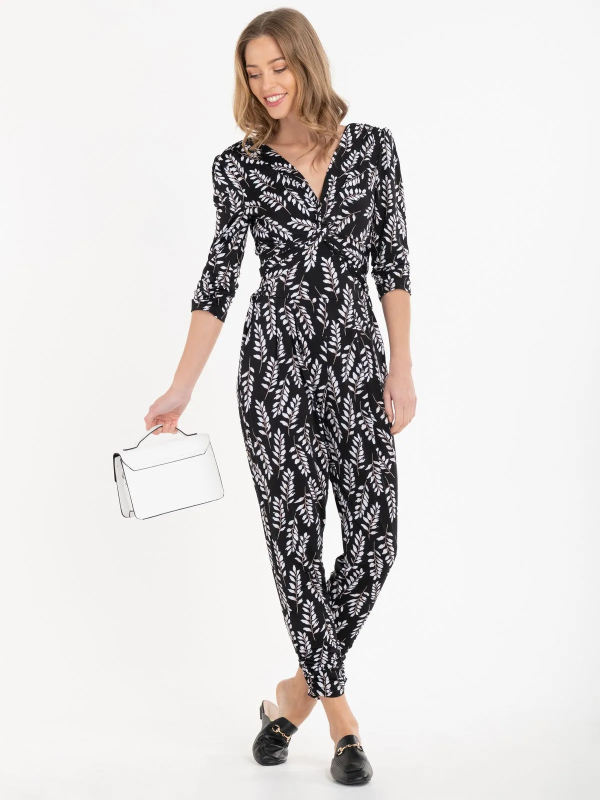 Jolie Moi Cheryl Leaf Print Jersey Jumpsuit, Black Leafy