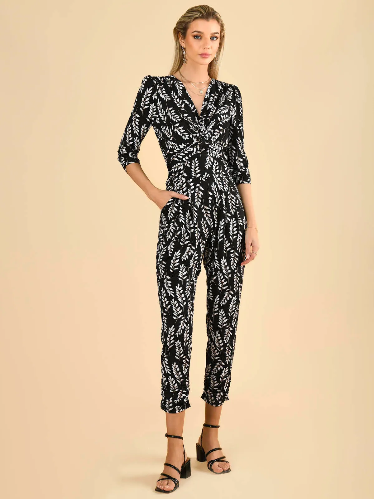 Jolie Moi Cheryl Leaf Print Jersey Jumpsuit, Black Leafy