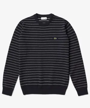 Lacoste Long Sleeve Striped Waffle Crew Sweater in Navy