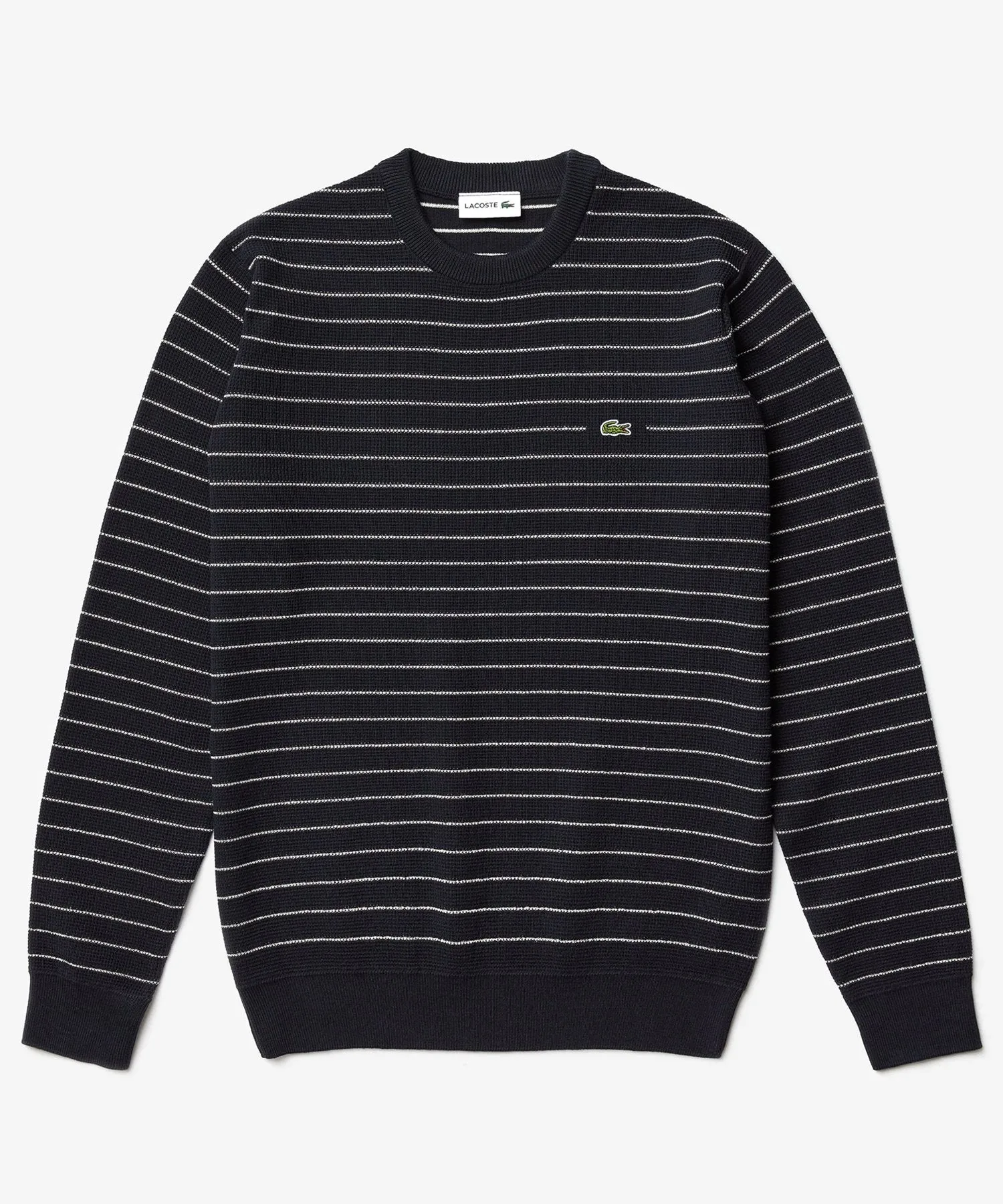 Lacoste Long Sleeve Striped Waffle Crew Sweater in Navy