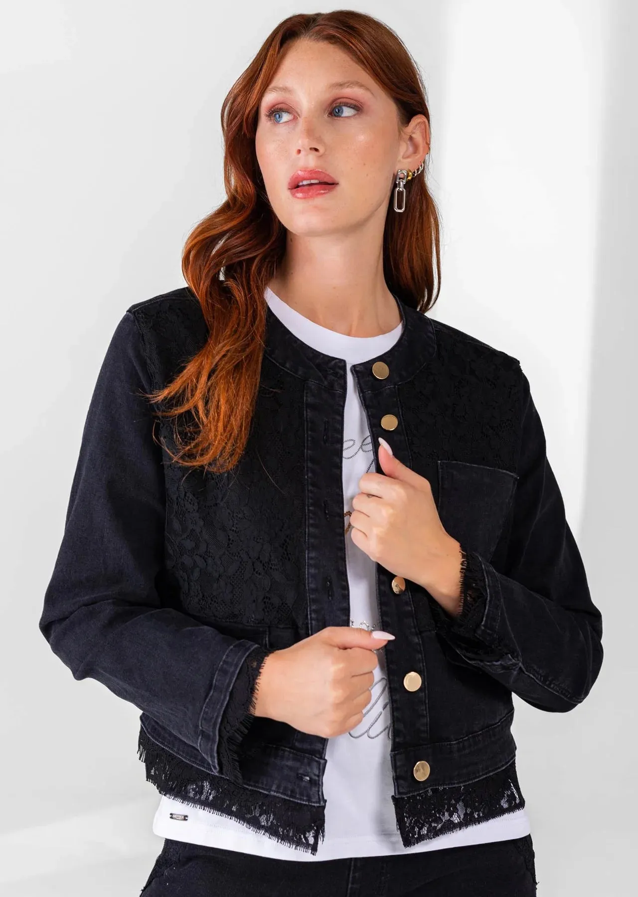 Lisette- Frances 19'' Jean Jacket With Lace Insert