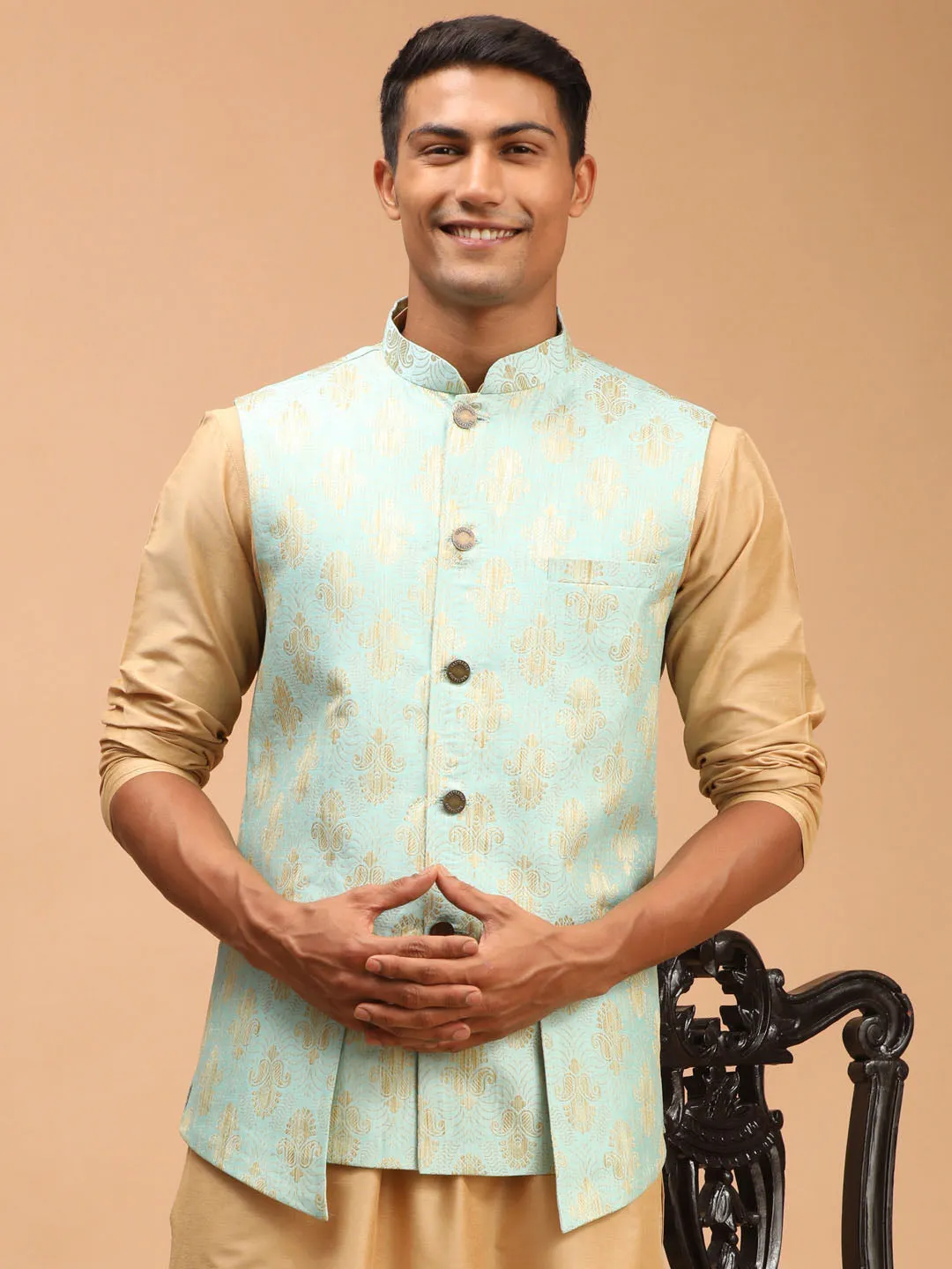 Men's Green Silk Blend Nehru Jacket - Shrestha By Vastramay