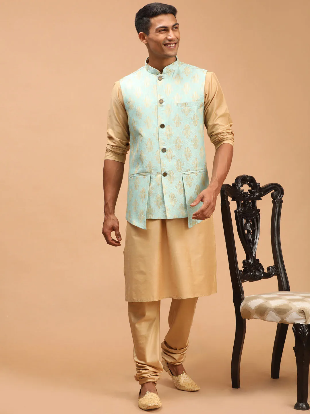 Men's Green Silk Blend Nehru Jacket - Shrestha By Vastramay