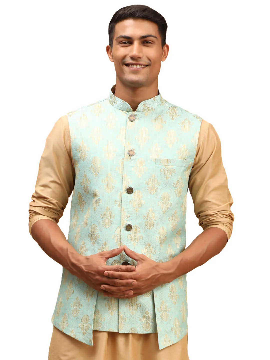 Men's Green Silk Blend Nehru Jacket - Shrestha By Vastramay