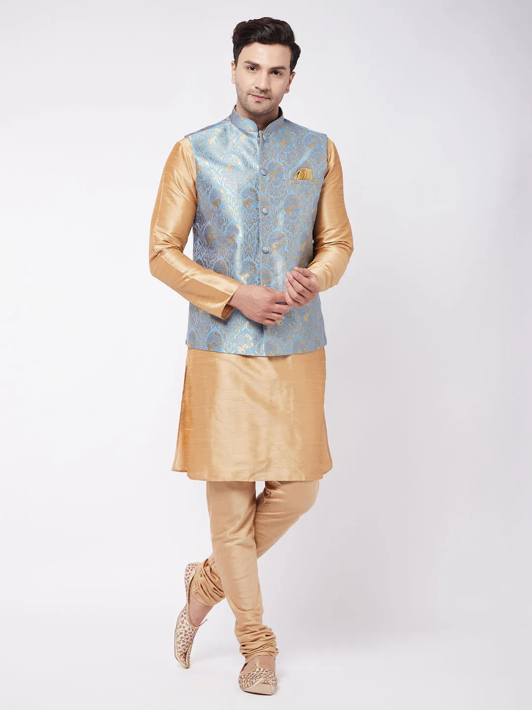 Men's Grey And Rose Gold Silk Blend Jacket, Kurta And Pyjama Set - Vastramay