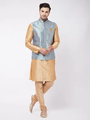 Men's Grey And Rose Gold Silk Blend Jacket, Kurta And Pyjama Set - Vastramay