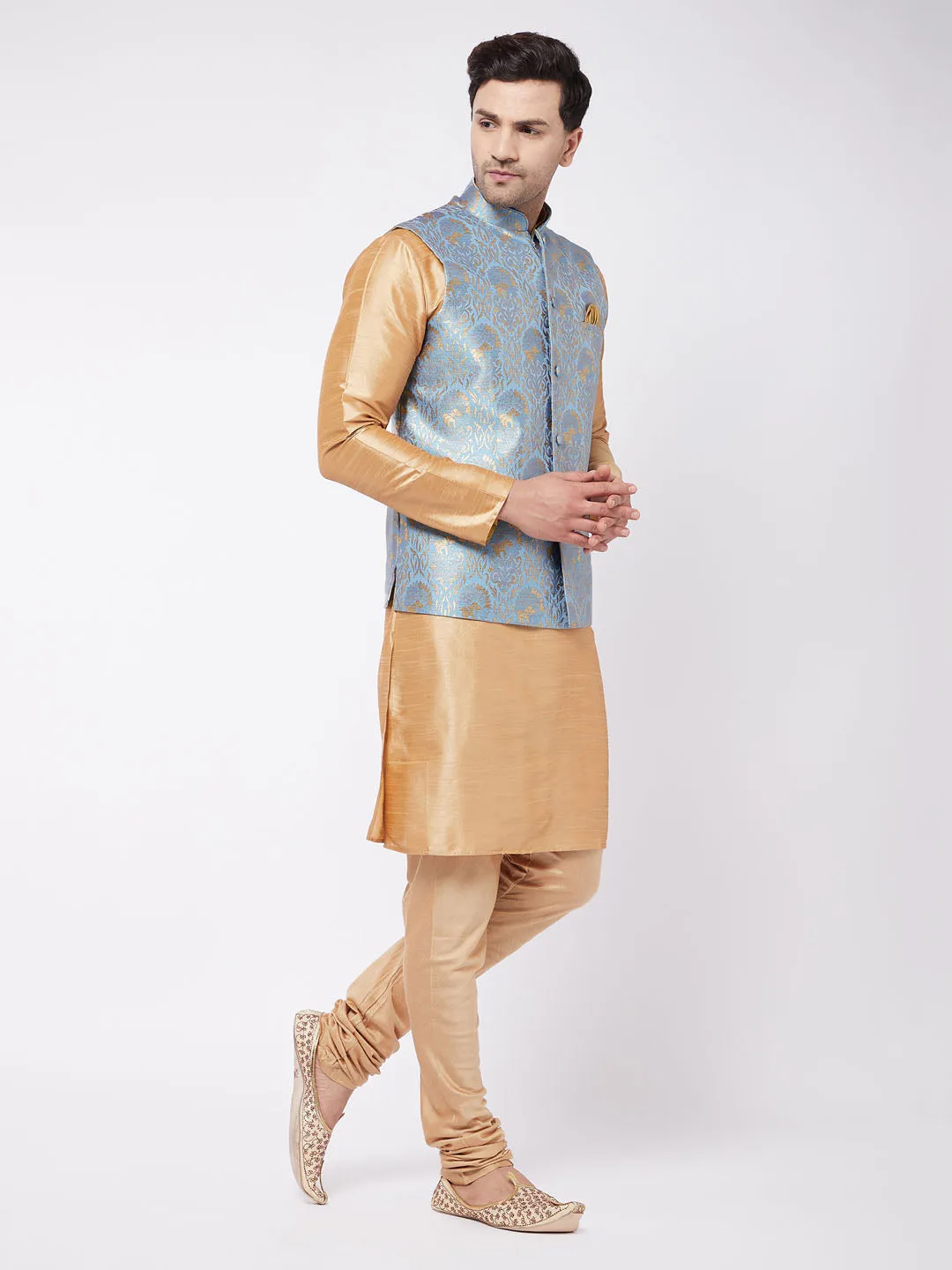 Men's Grey And Rose Gold Silk Blend Jacket, Kurta And Pyjama Set - Vastramay