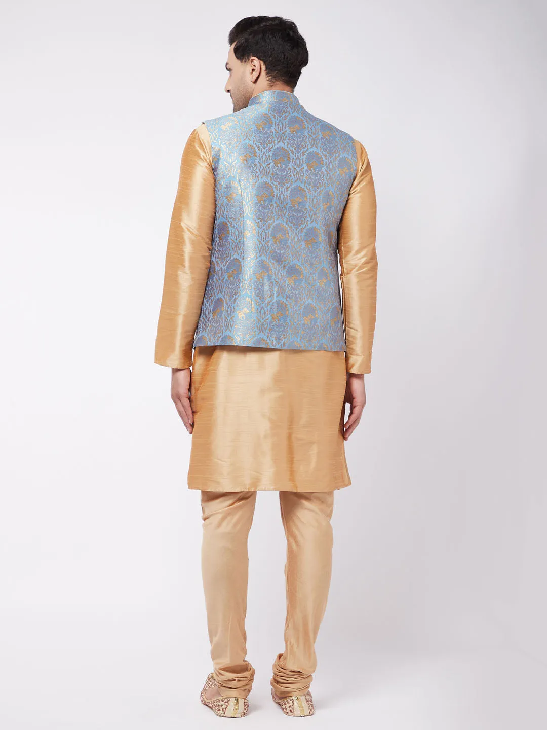 Men's Grey And Rose Gold Silk Blend Jacket, Kurta And Pyjama Set - Vastramay