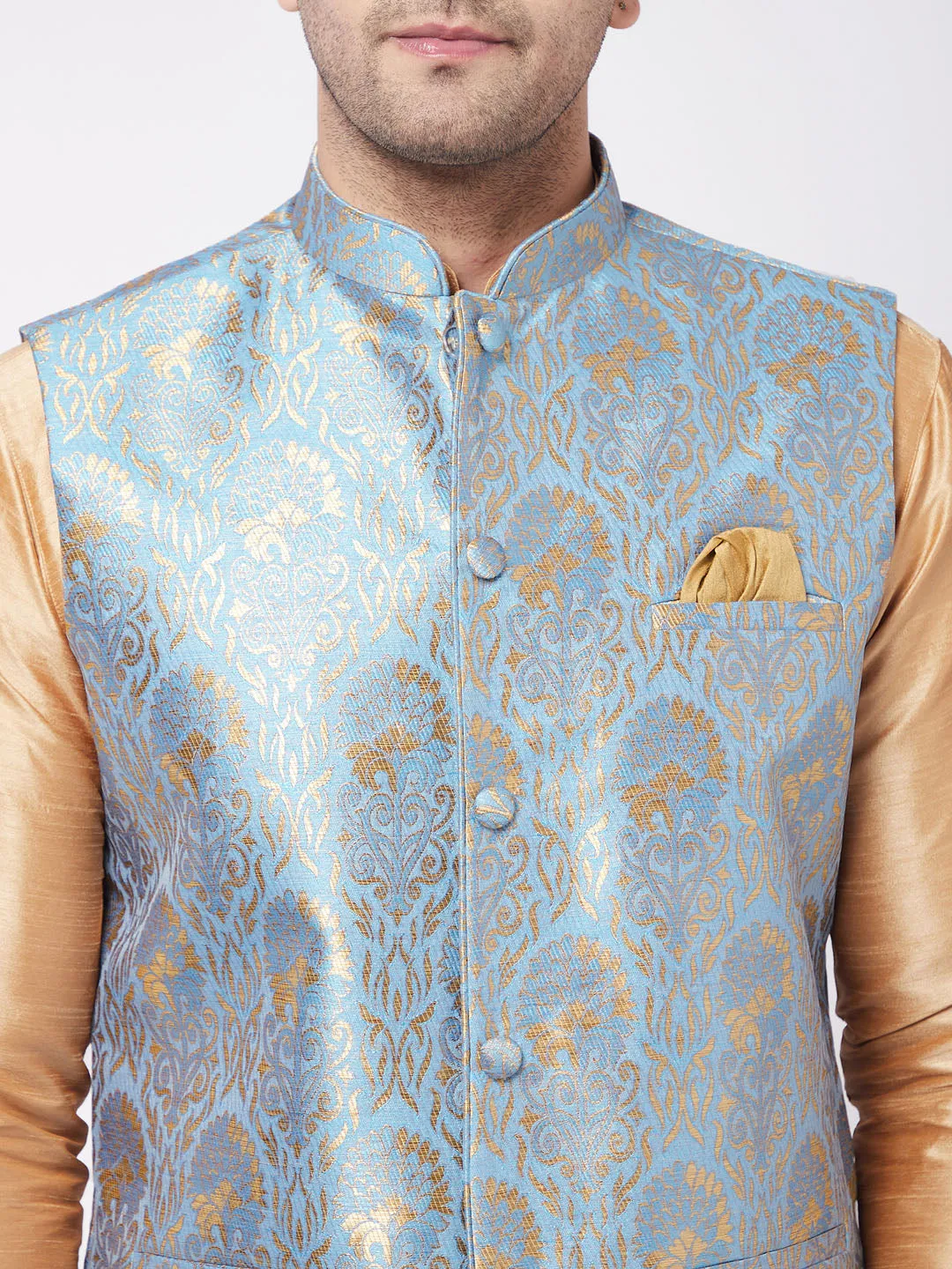 Men's Grey And Rose Gold Silk Blend Jacket, Kurta And Pyjama Set - Vastramay