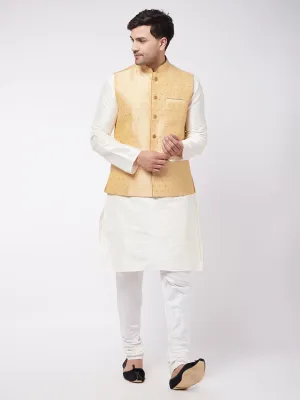 Men's Maroon, Gold And Cream Silk Blend Jacket, Kurta And Pyjama Set - Vastramay