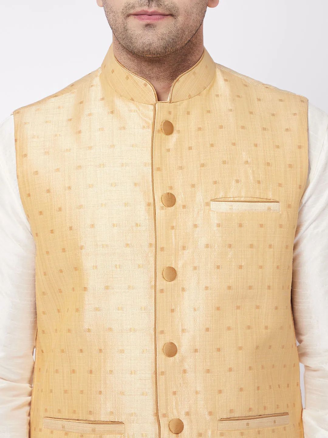 Men's Maroon, Gold And Cream Silk Blend Jacket, Kurta And Pyjama Set - Vastramay