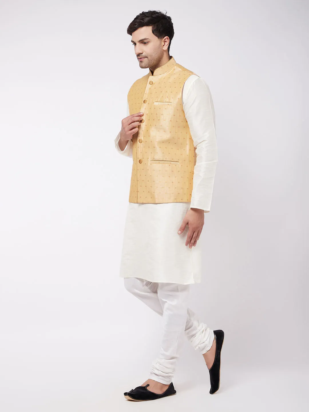 Men's Maroon, Gold And Cream Silk Blend Jacket, Kurta And Pyjama Set - Vastramay