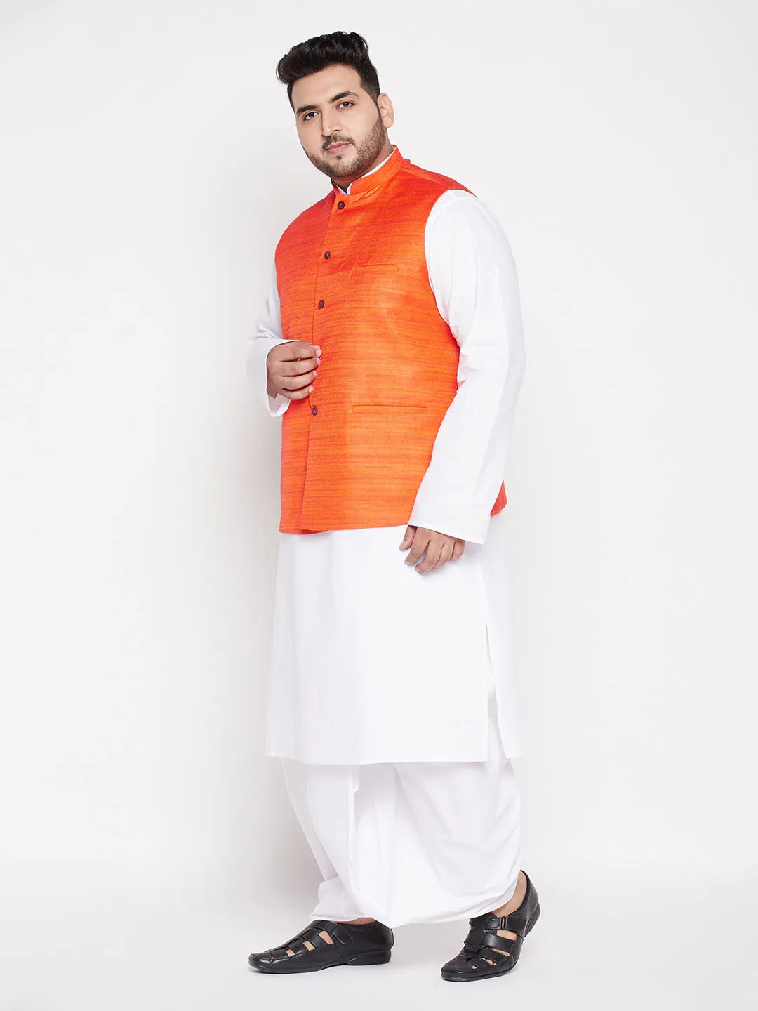 Men's Plus Orange And White Cotton Blend Jacket, Kurta And Dhoti Set - Vastramay