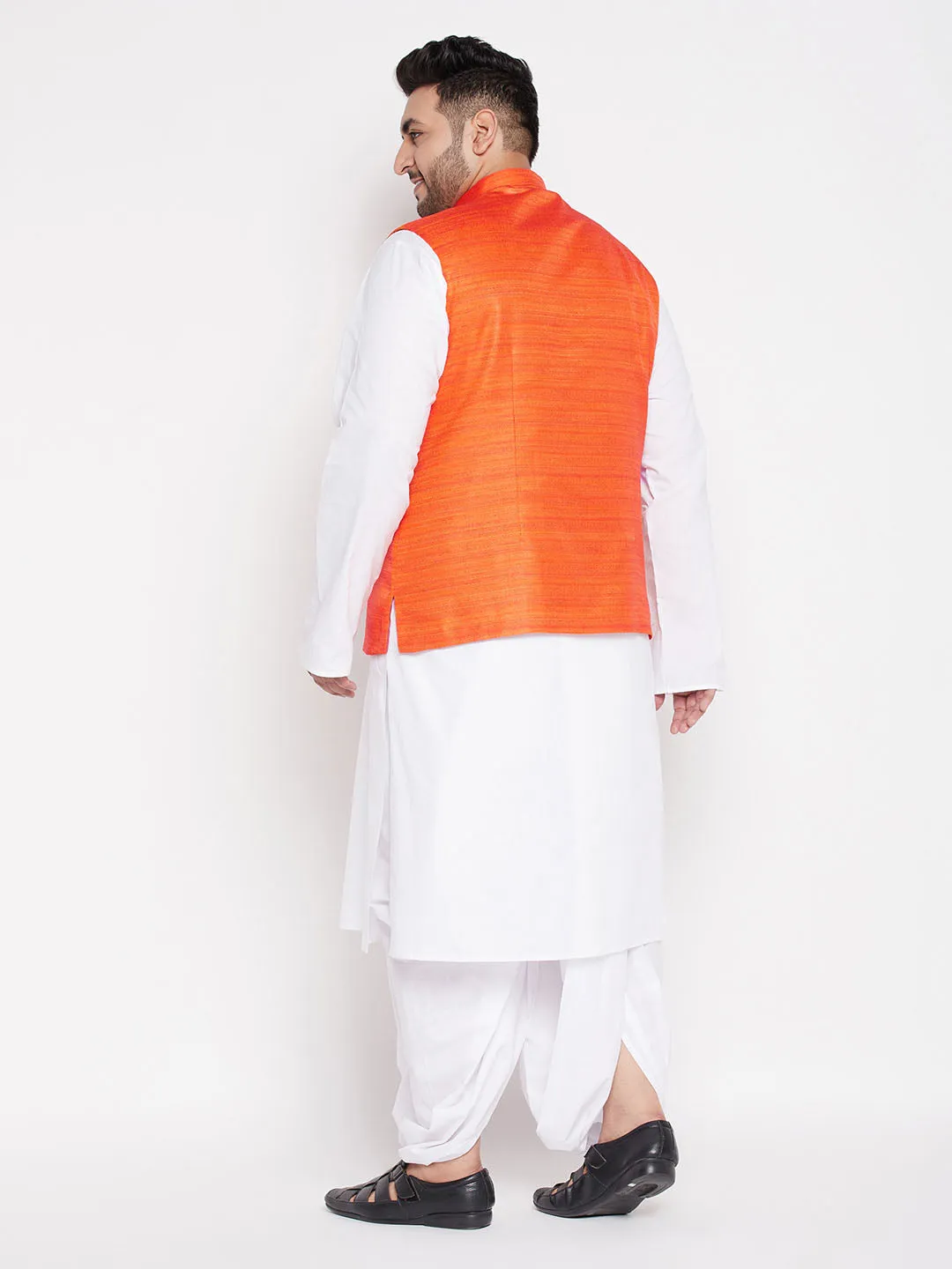 Men's Plus Orange And White Cotton Blend Jacket, Kurta And Dhoti Set - Vastramay