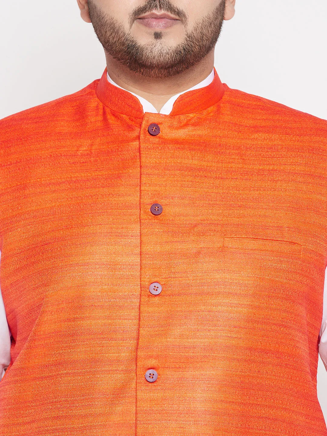 Men's Plus Orange And White Cotton Blend Jacket, Kurta And Dhoti Set - Vastramay