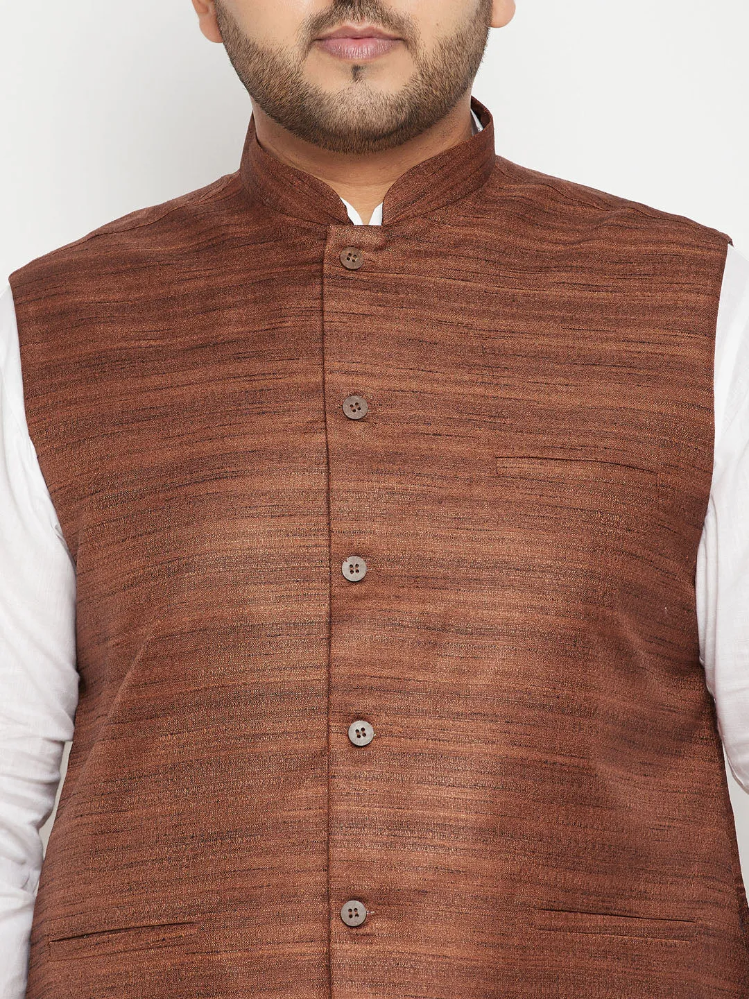 Men's Plus White, Coffee Brown And White Cotton Blend Jacket Kurta Pyjama Set - Vastramay