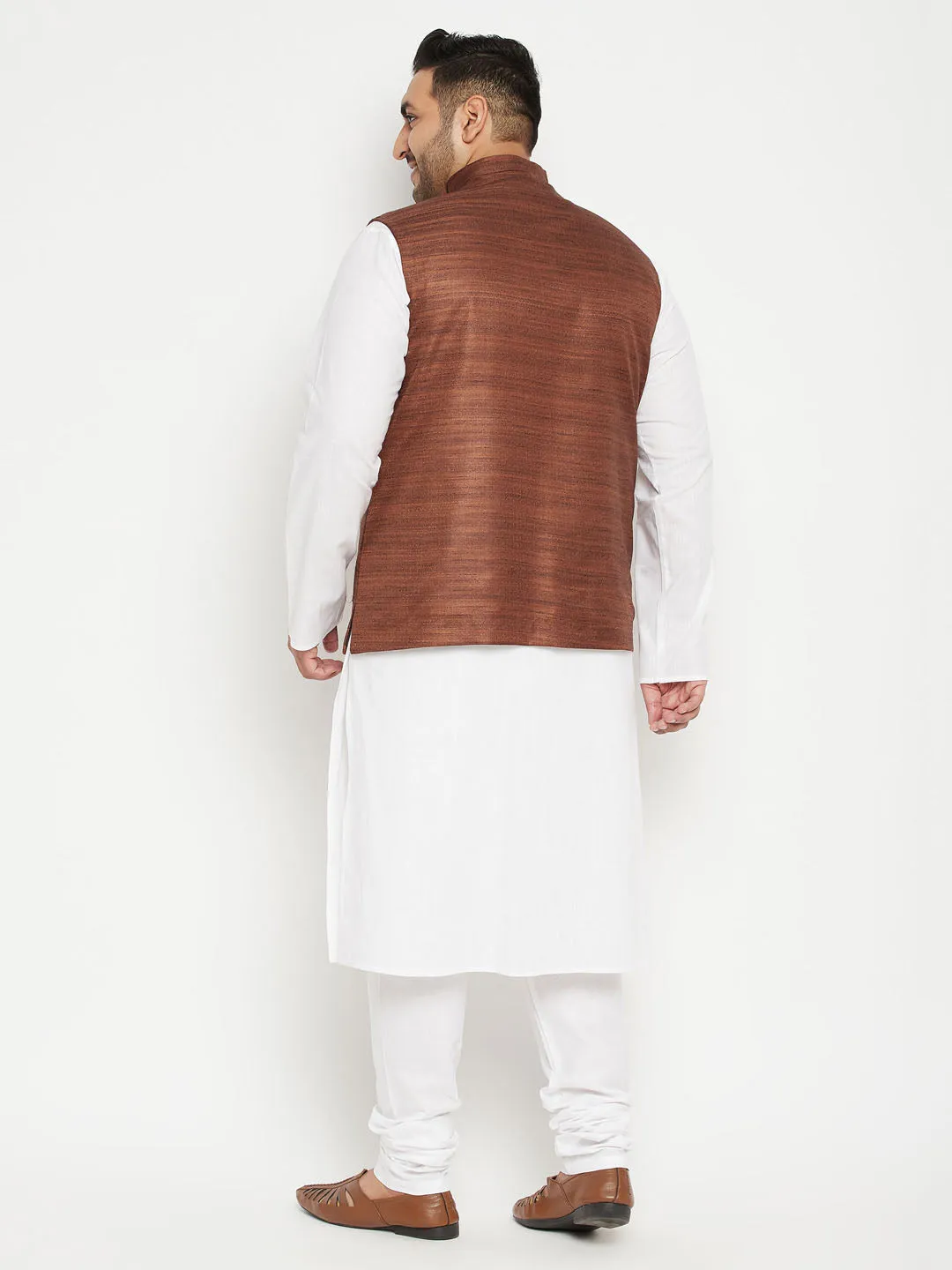 Men's Plus White, Coffee Brown And White Cotton Blend Jacket Kurta Pyjama Set - Vastramay