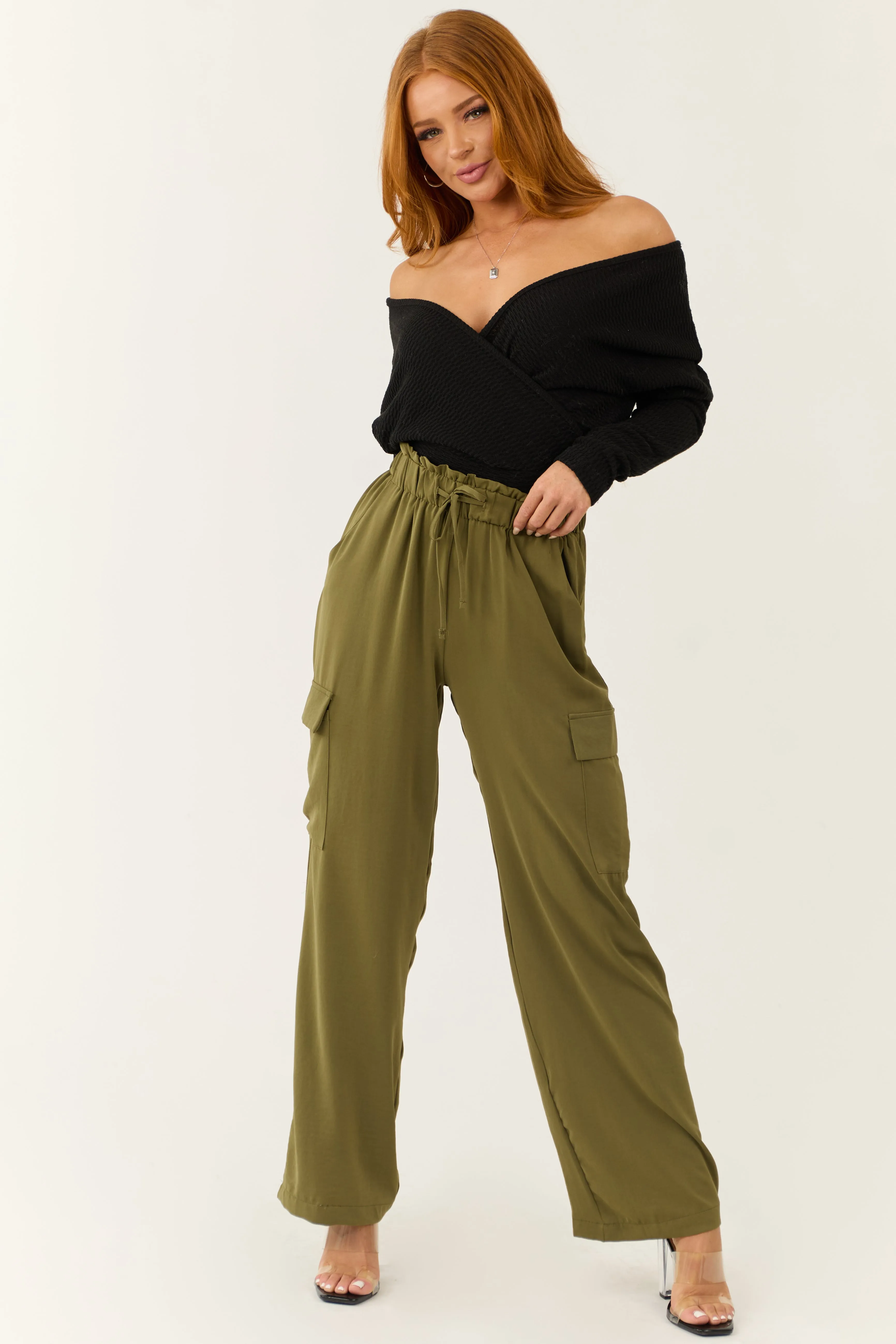 Olive Elastic Paperbag Waist Drawstring Cargo Pants