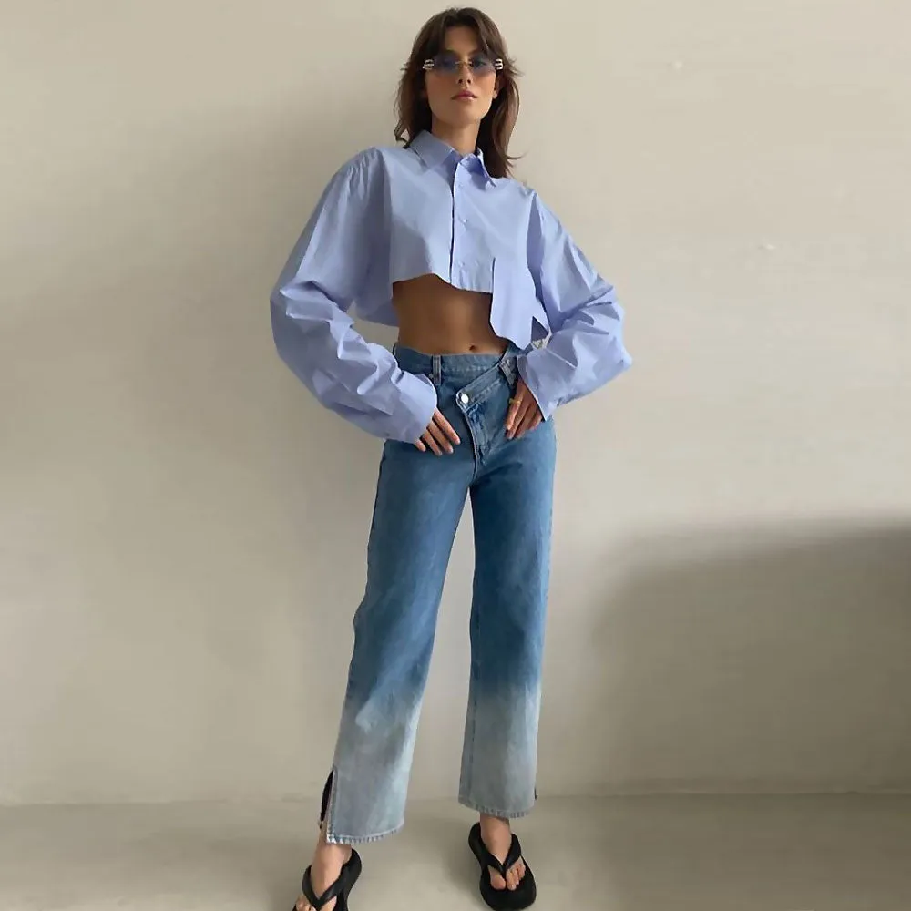 Oversized Long Sleeve Button Down Pointed Collar Cropped Shirt - Baby Blue