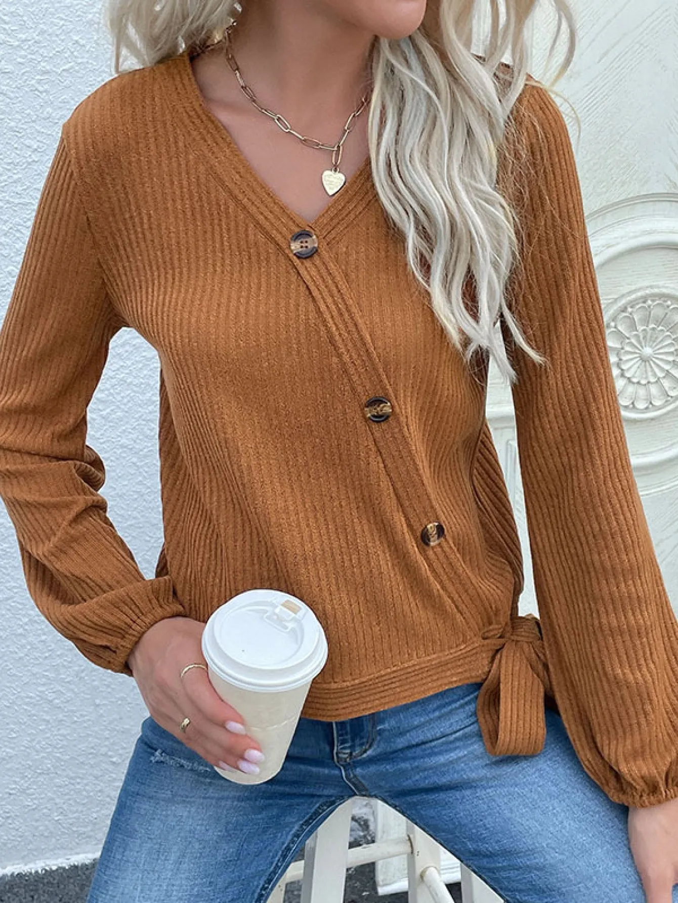 Perfee Rib-Knit Asymmetrical Button Blouse