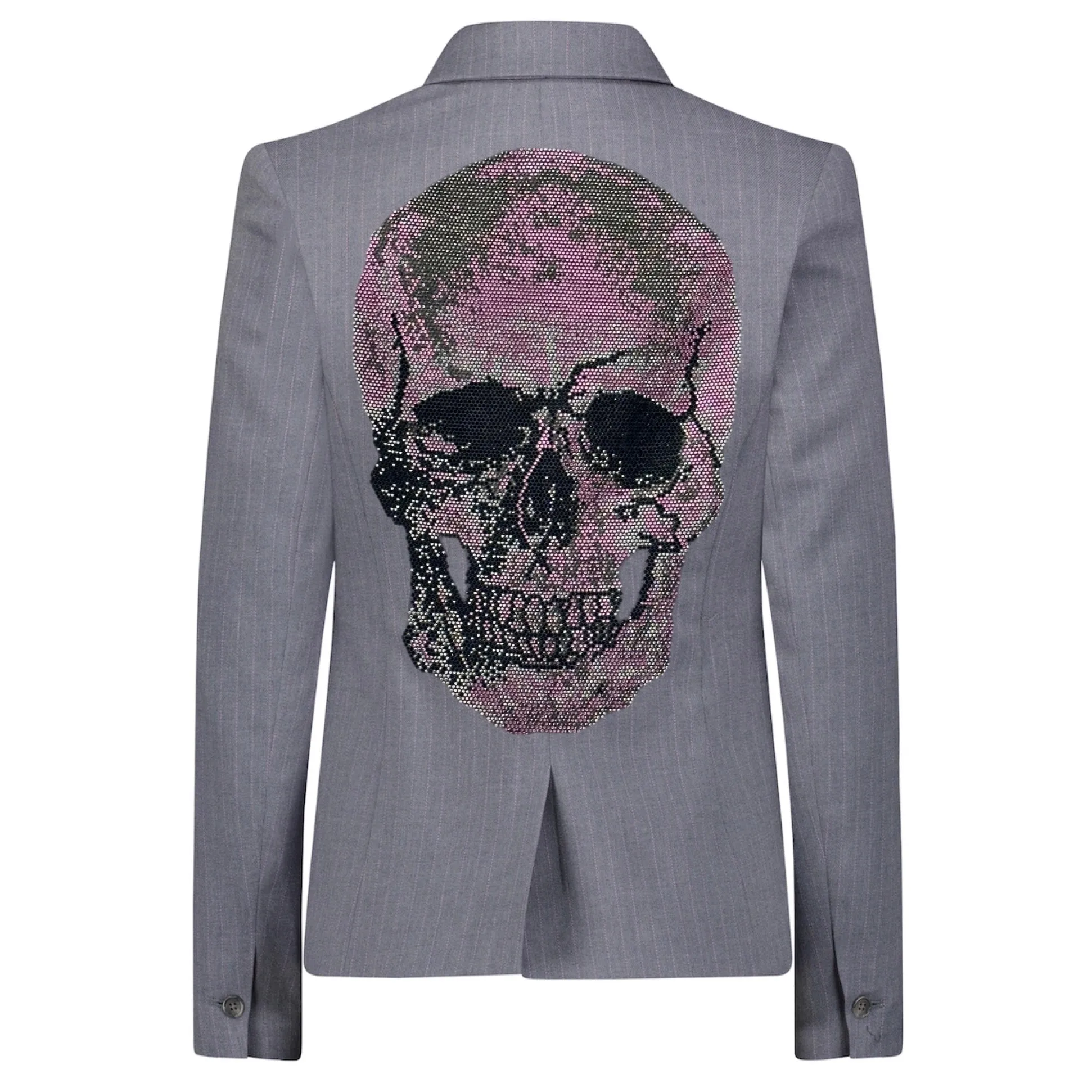 Pink Skull Grey Blazer - Grey Pinstripe