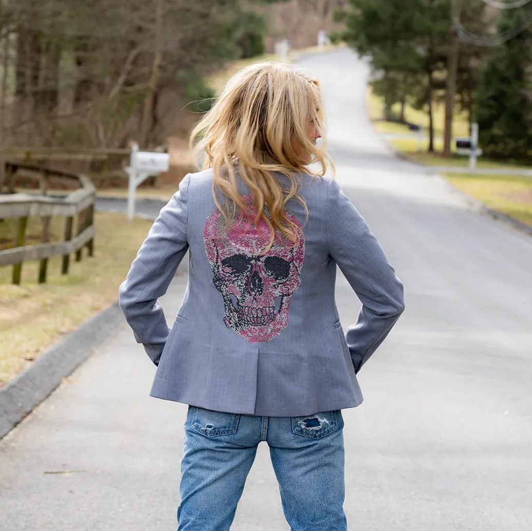 Pink Skull Grey Blazer - Grey Pinstripe