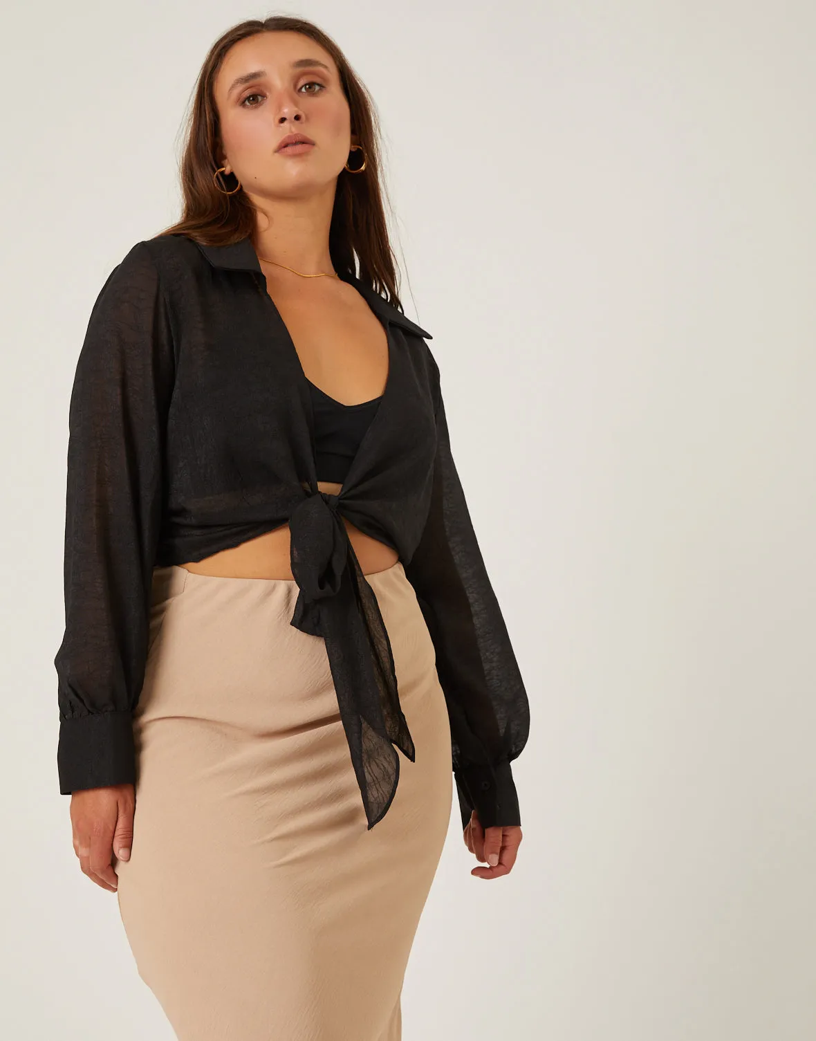 Plus Size Crinkle Sheer Tie Front Top