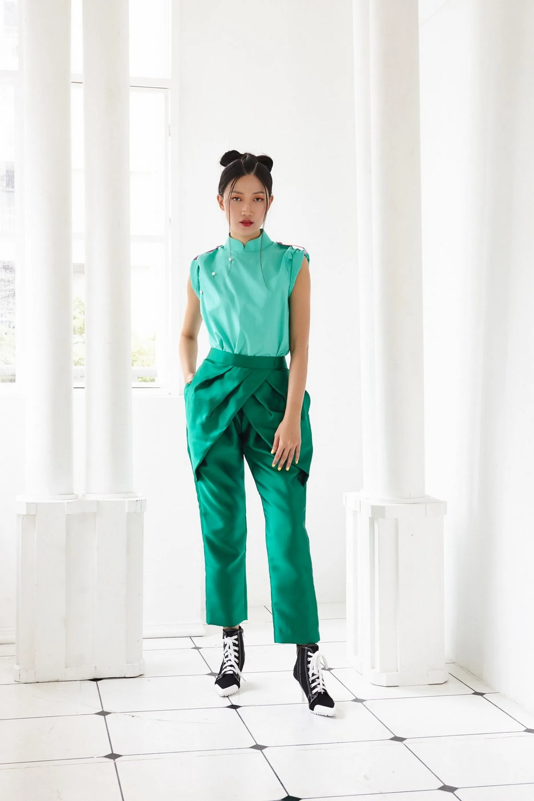 Pre-Order GREEN COTTON WITH PINK COTTON SHOULDER FLAP - MANDARIN COLLAR TOP WITH SHOULDER FLAP - GREEN