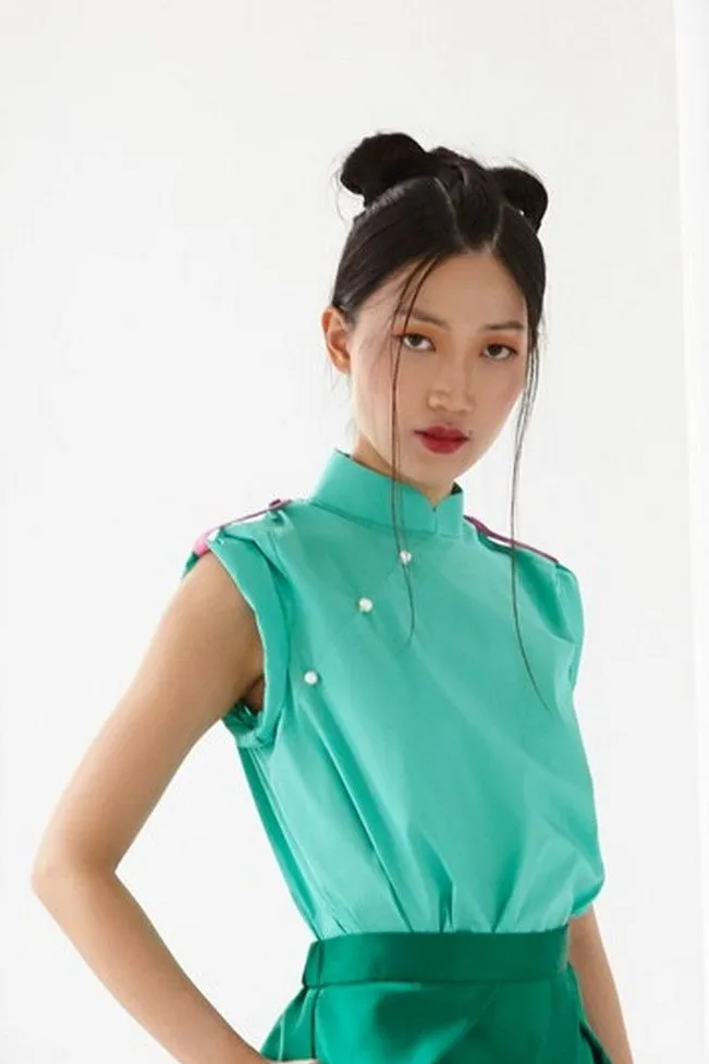 Pre-Order GREEN COTTON WITH PINK COTTON SHOULDER FLAP - MANDARIN COLLAR TOP WITH SHOULDER FLAP - GREEN