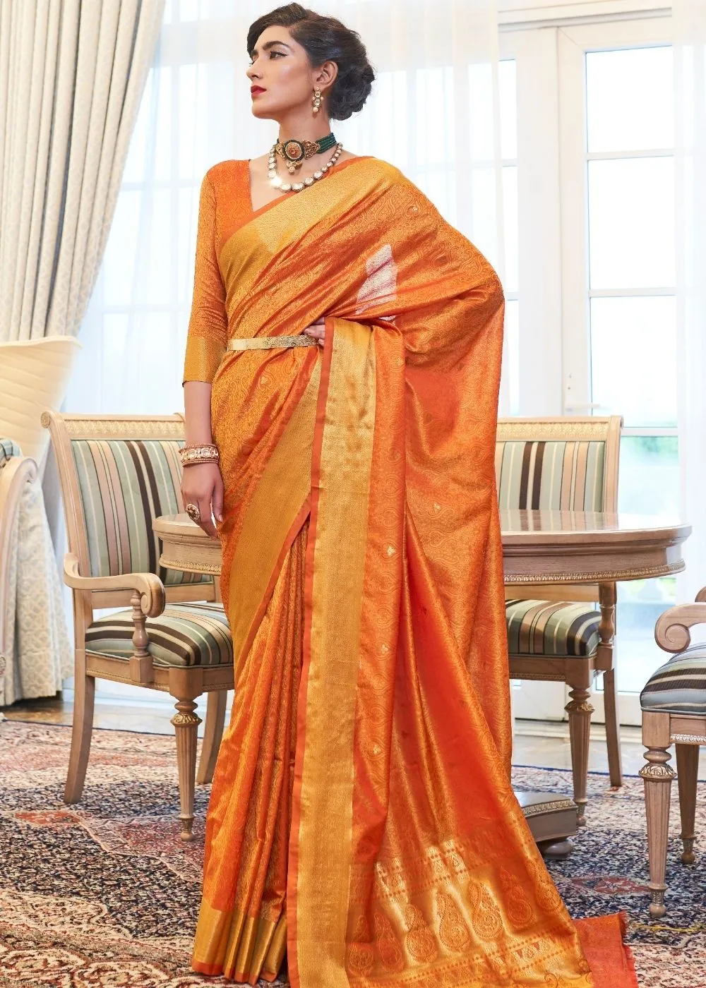 Pumpkin Orange Ultra Soft Kanjivaram Silk Saree with Zari  Border and Pallu