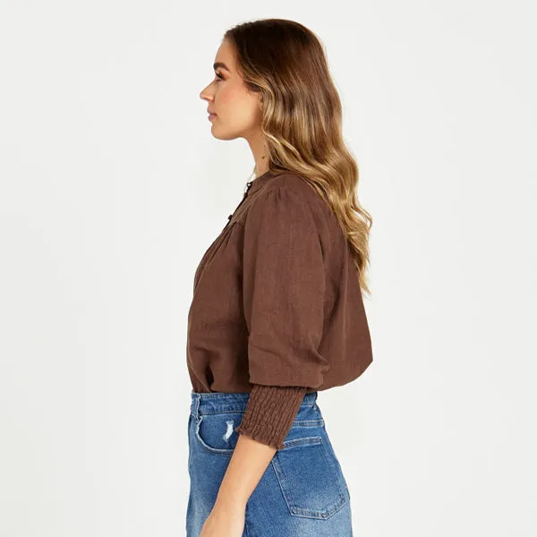 Roxy Shirred Cuff Blouse - Chocolate