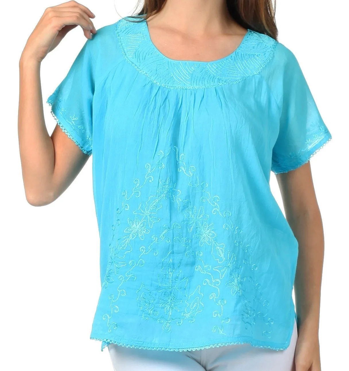 Sakkas Embroidered 100% Cotton Scoop Neck Semi-Sheer Short Sleeve Gauzy Top / Blouse