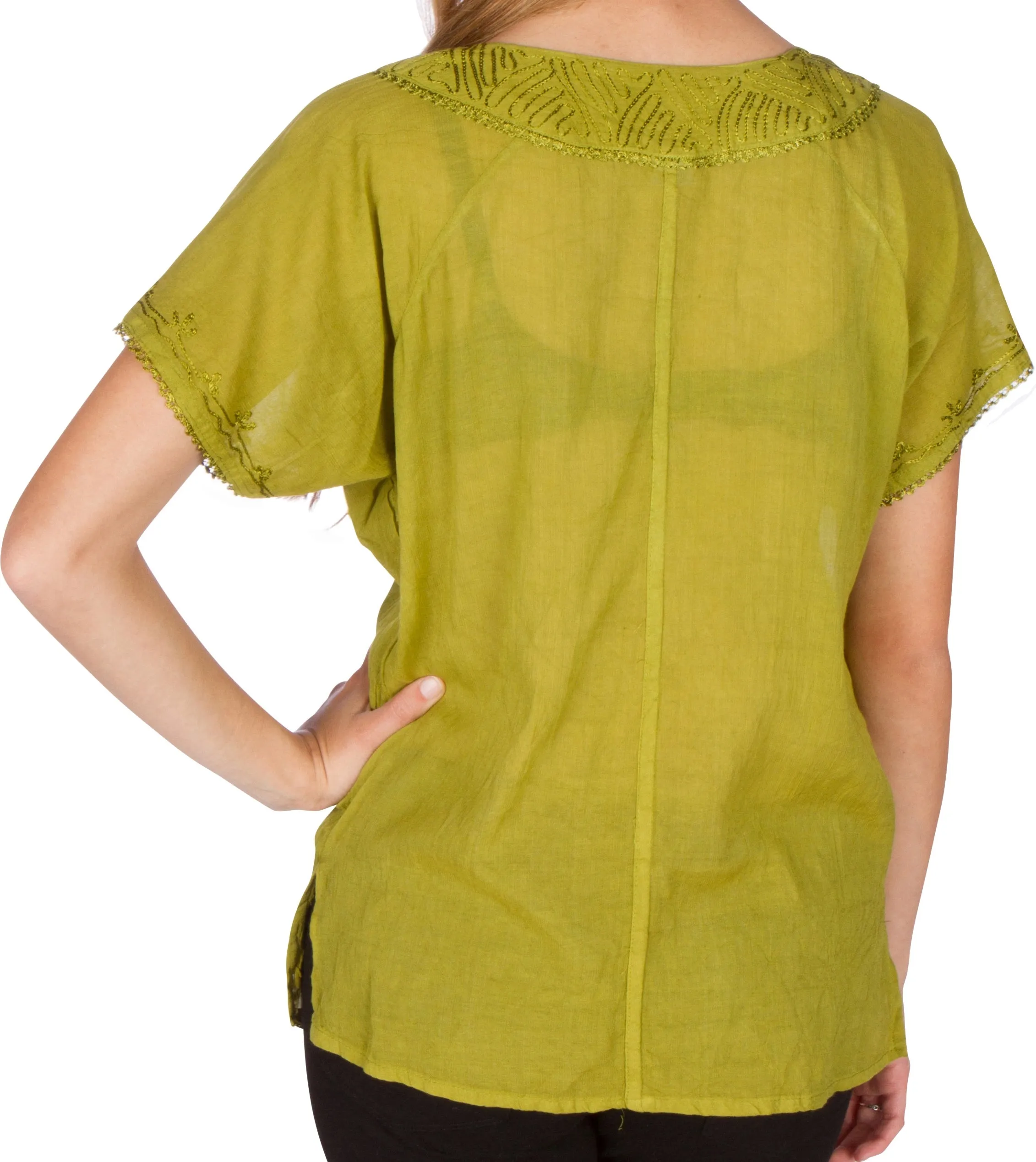 Sakkas Embroidered 100% Cotton Scoop Neck Semi-Sheer Short Sleeve Gauzy Top / Blouse