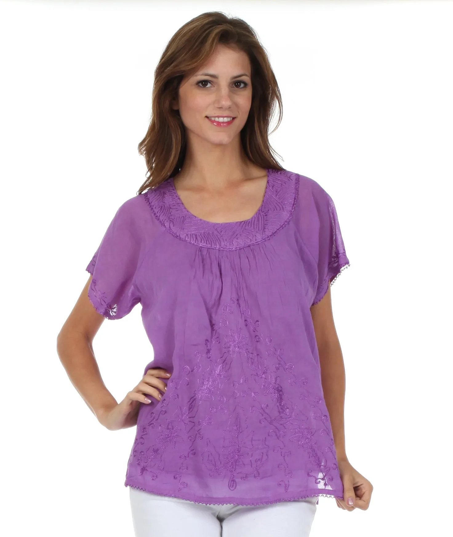 Sakkas Embroidered 100% Cotton Scoop Neck Semi-Sheer Short Sleeve Gauzy Top / Blouse