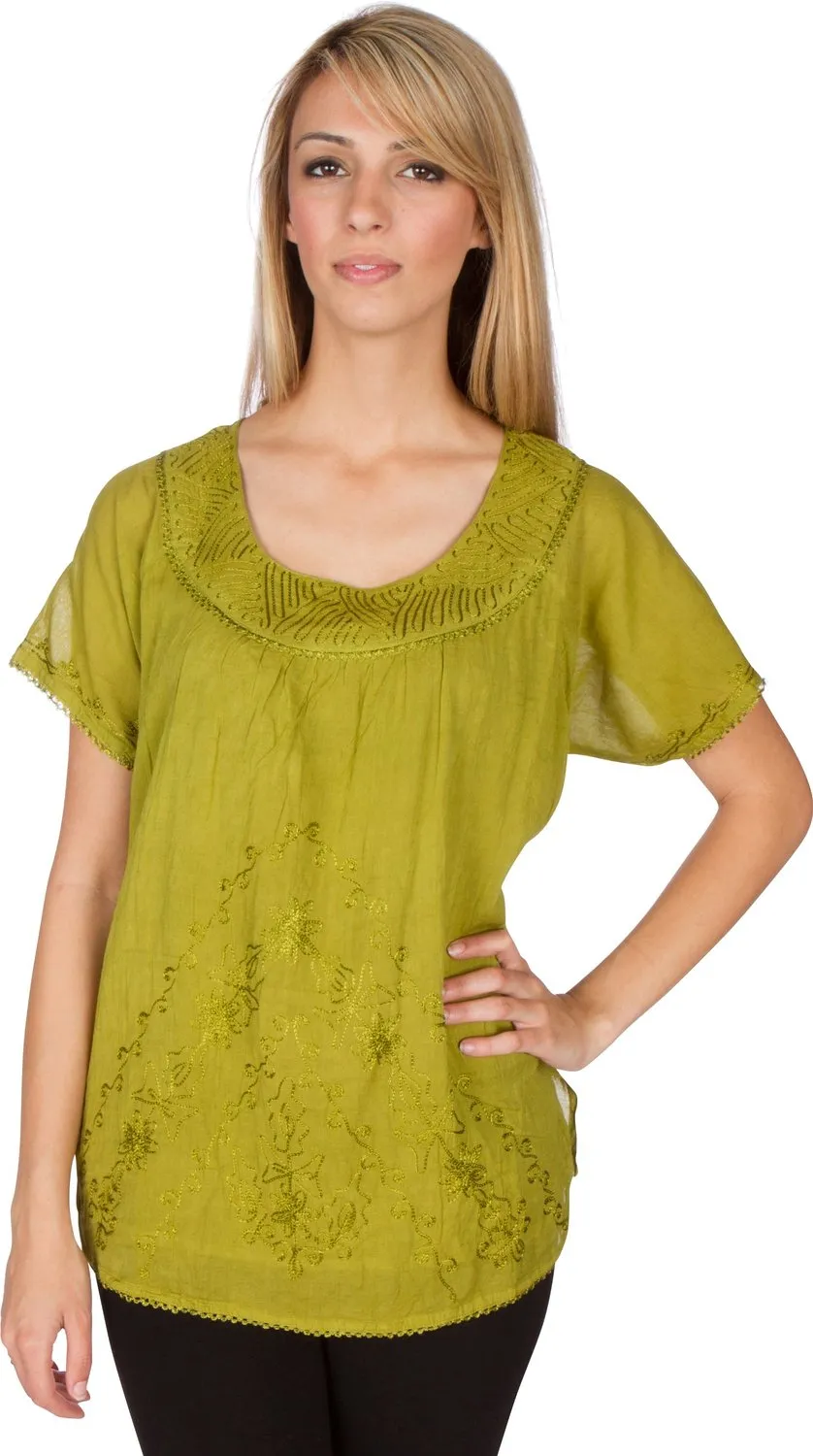 Sakkas Embroidered 100% Cotton Scoop Neck Semi-Sheer Short Sleeve Gauzy Top / Blouse