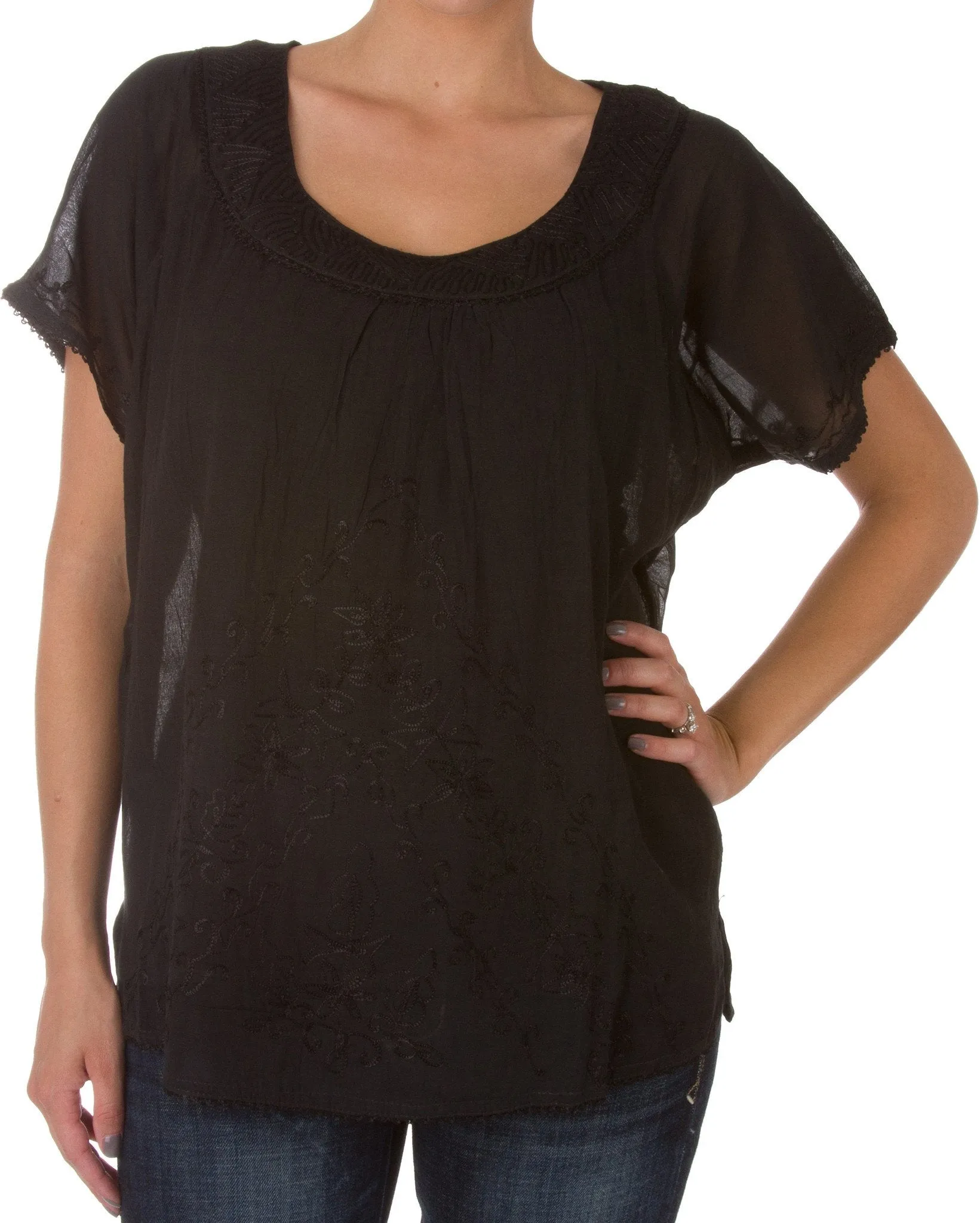 Sakkas Embroidered 100% Cotton Scoop Neck Semi-Sheer Short Sleeve Gauzy Top / Blouse