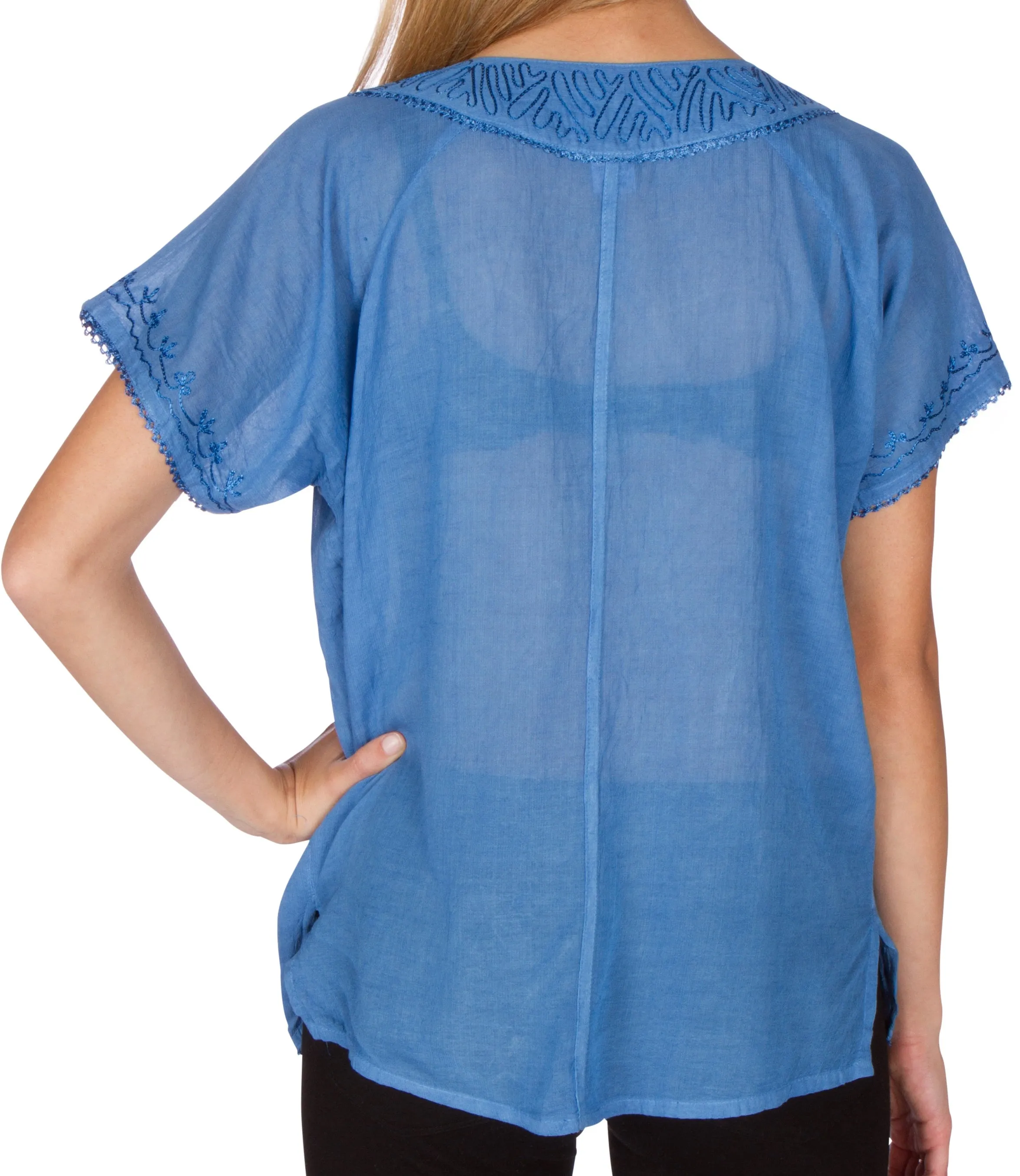 Sakkas Embroidered 100% Cotton Scoop Neck Semi-Sheer Short Sleeve Gauzy Top / Blouse