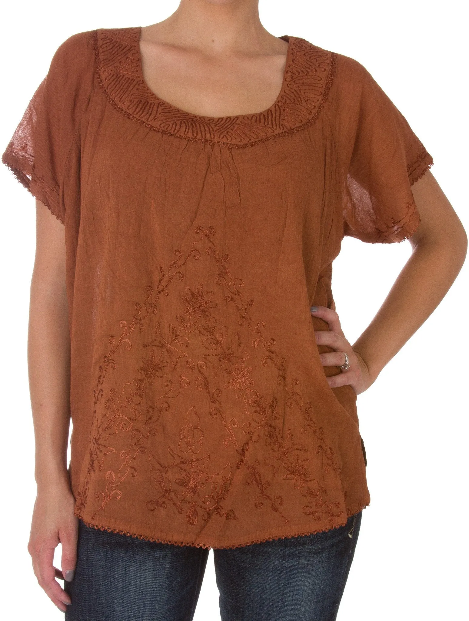 Sakkas Embroidered 100% Cotton Scoop Neck Semi-Sheer Short Sleeve Gauzy Top / Blouse