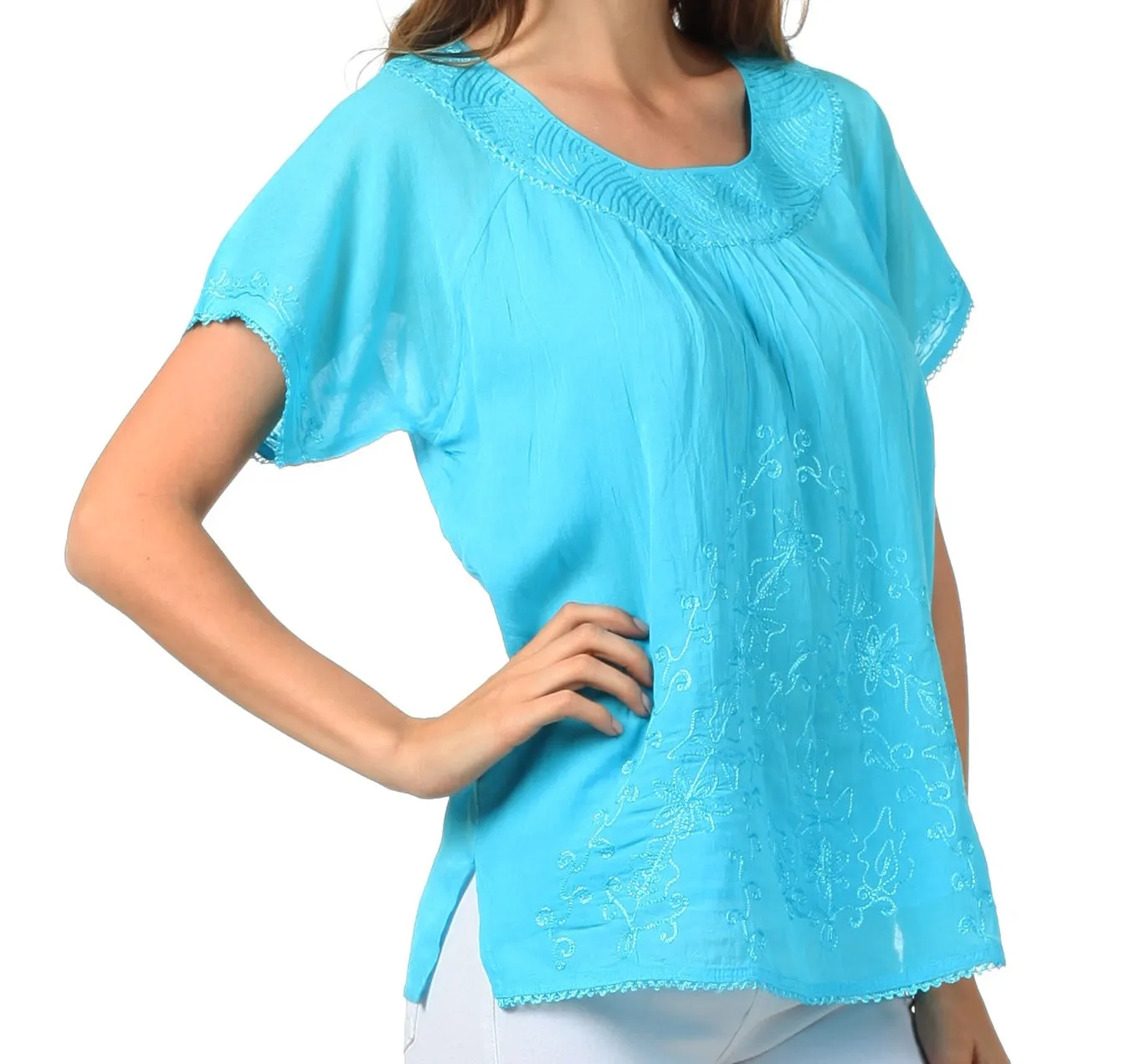 Sakkas Embroidered 100% Cotton Scoop Neck Semi-Sheer Short Sleeve Gauzy Top / Blouse