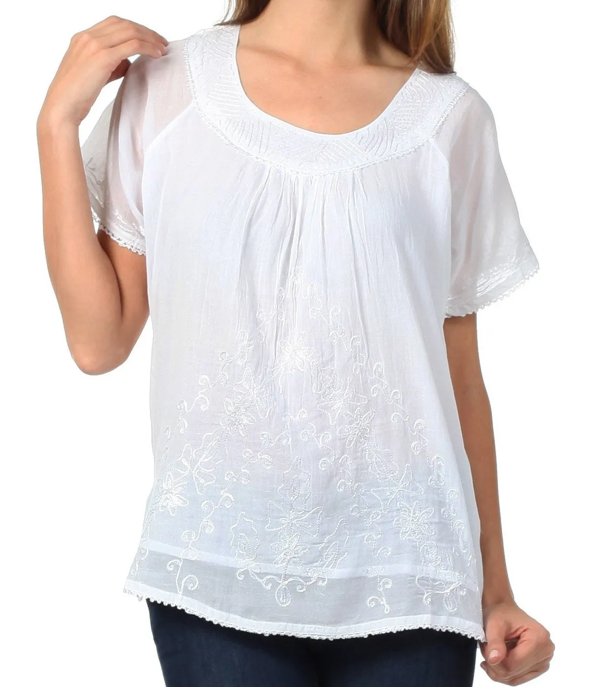 Sakkas Embroidered 100% Cotton Scoop Neck Semi-Sheer Short Sleeve Gauzy Top / Blouse