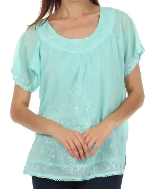 Sakkas Embroidered 100% Cotton Scoop Neck Semi-Sheer Short Sleeve Gauzy Top / Blouse