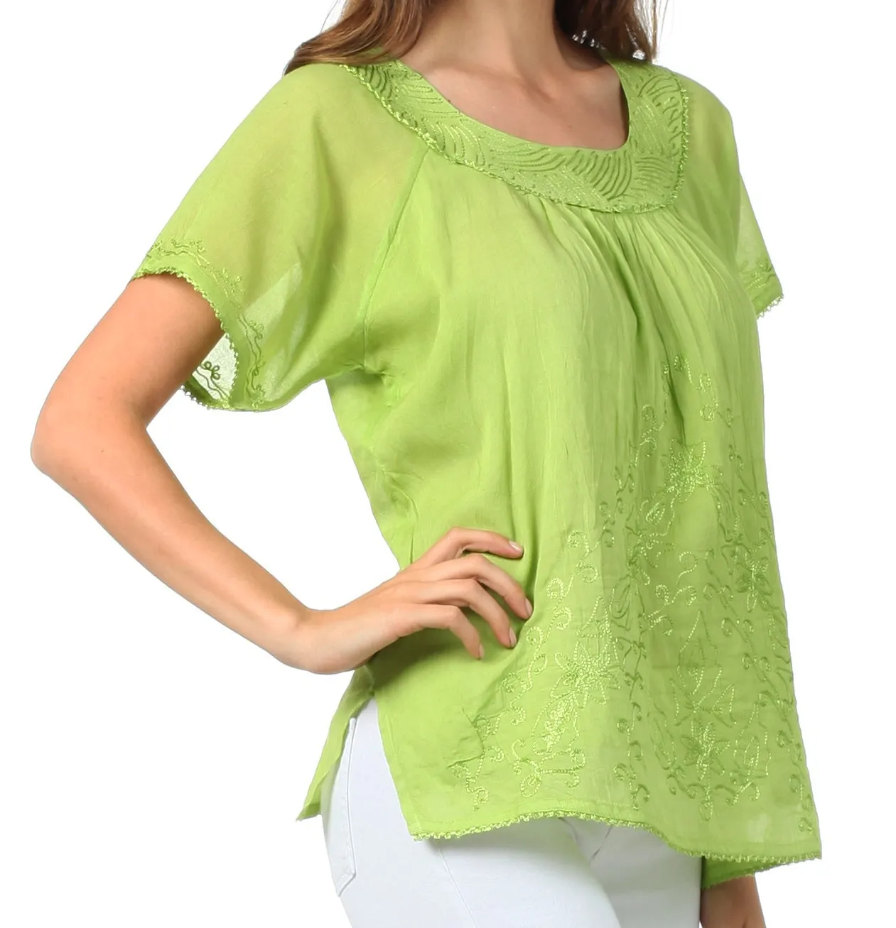 Sakkas Embroidered 100% Cotton Scoop Neck Semi-Sheer Short Sleeve Gauzy Top / Blouse