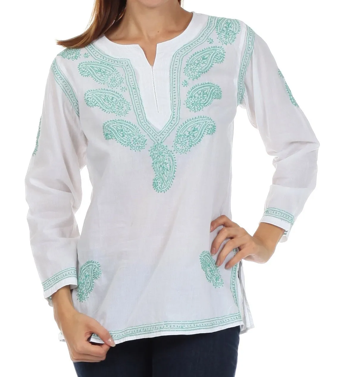 Sakkas Paisley Embroidered Cotton Long Sleeve Blouse