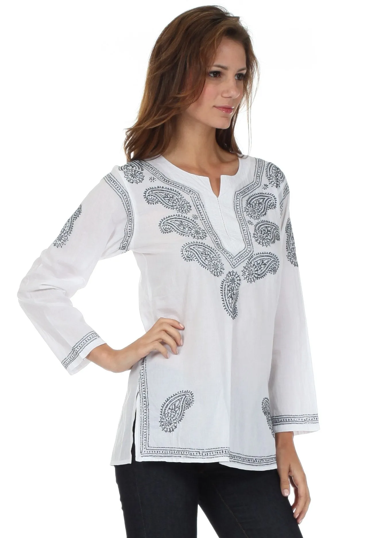 Sakkas Paisley Embroidered Cotton Long Sleeve Blouse