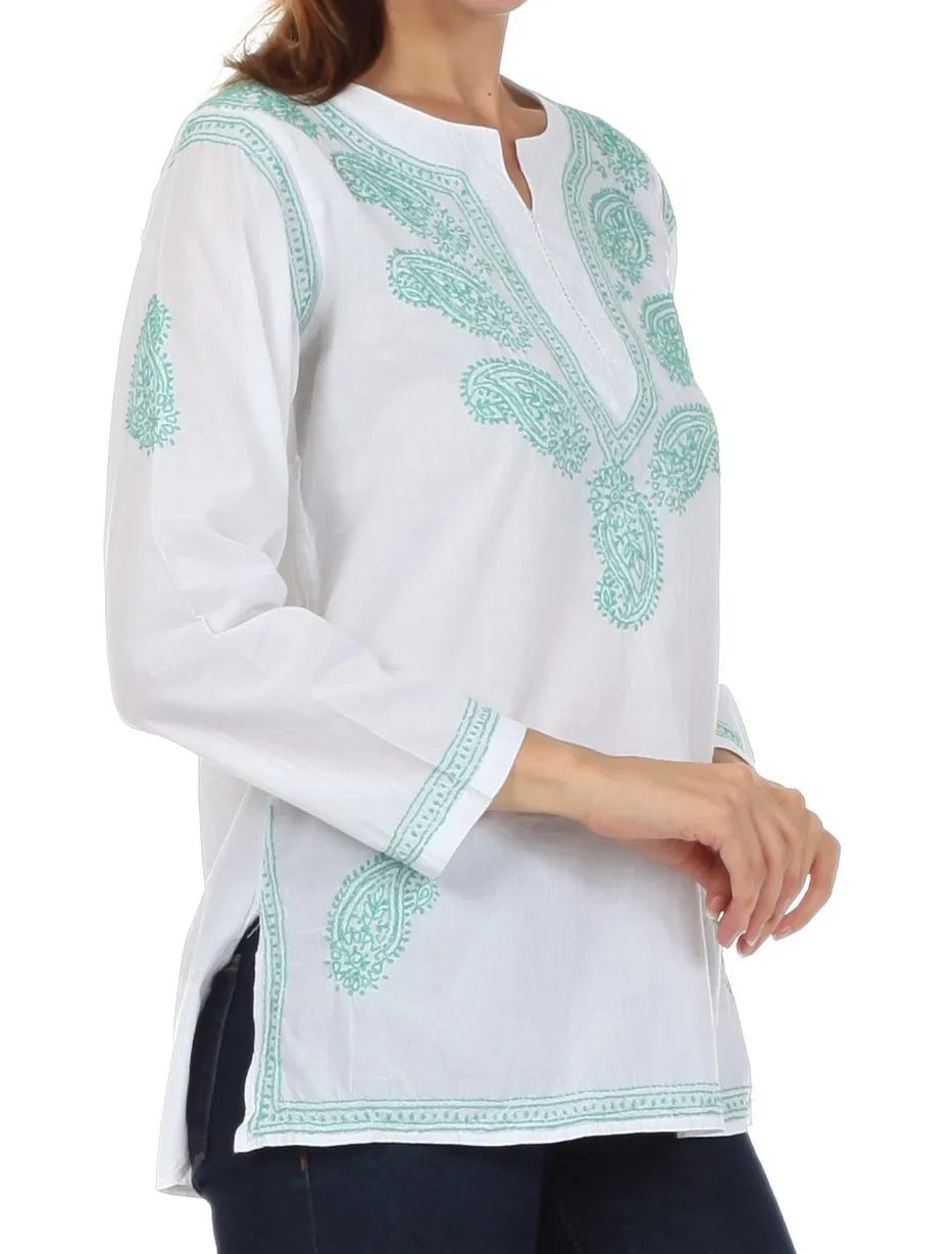 Sakkas Paisley Embroidered Cotton Long Sleeve Blouse