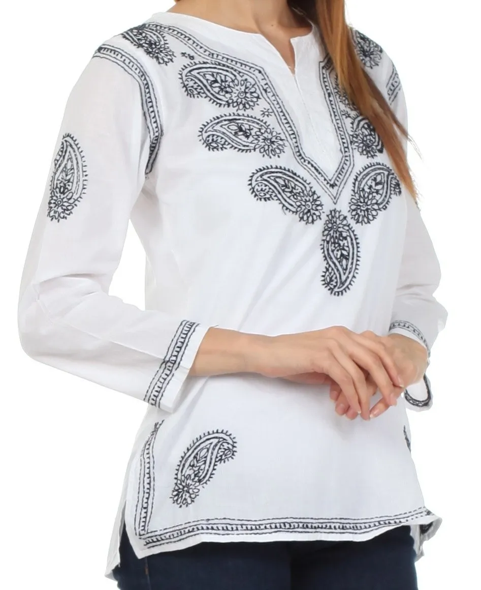 Sakkas Paisley Embroidered Cotton Long Sleeve Blouse