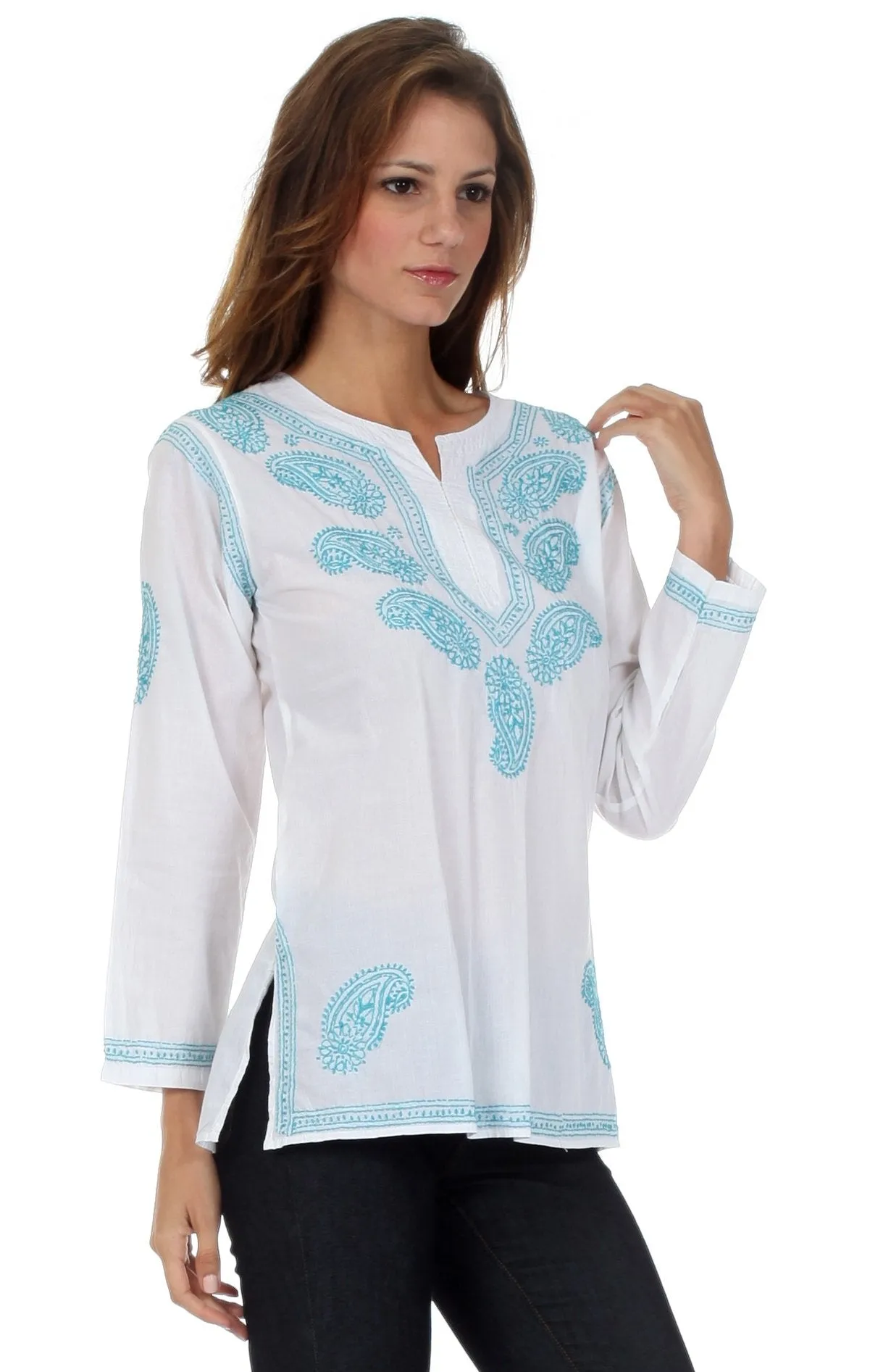 Sakkas Paisley Embroidered Cotton Long Sleeve Blouse